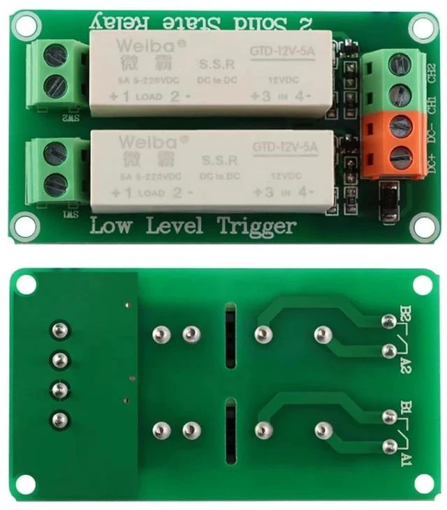 Main image of 12V 2 Channel Solid State Relay Module, Low Level Trigger, 5A DC Control for Raspberry Pi