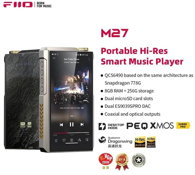 Alt view image 2 of 7 - M27 Android HiFi Music Player, Dual ES9039SPRO DACs, 8GB+256GB with Dual microSD, 5000mW Balanced Amp, 3.5/4.4/6.35mm Outputs, LDAC/aptX Lossless, 31-Band PEQ(Aluminum Alloy Edition)
