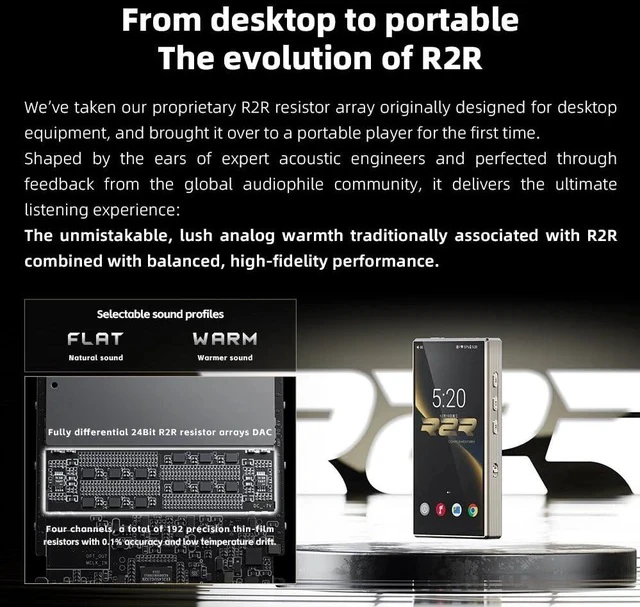 Alt view image 3 of 7 - M33 R2R Portable HiFi Music Player, Snapdragon 680, 8GB RAM + 128GB Storage, True R2R DAC, XMOS XU316 USB Audio, 1100mW Balanced Output, AUTO EQ, 5.5 Full HD Display (Dark Blue)