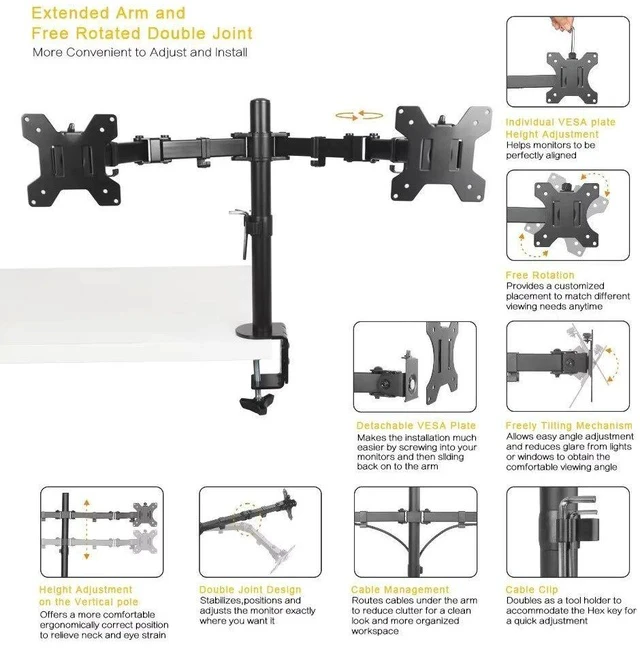 Alt view image 5 of 7 - Dual Monitor Stand Side-by-Side & Stacked Setup, 2-in-1 Laptop/PC Mount, Tool-Free Clamp, Adjustable Ergonomic Desk Stand