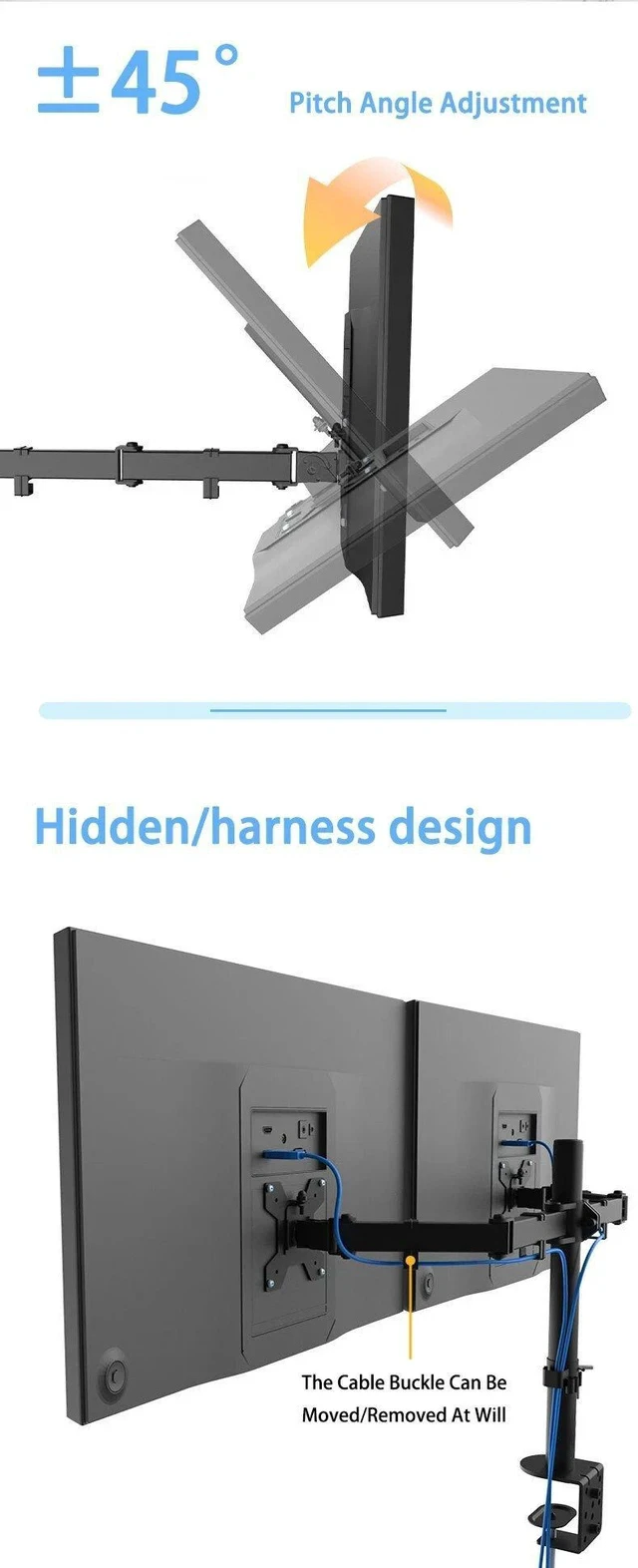 Alt view image 6 of 7 - Dual Monitor Stand Side-by-Side & Stacked Setup, 2-in-1 Laptop/PC Mount, Tool-Free Clamp, Adjustable Ergonomic Desk Stand
