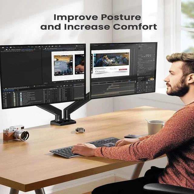 Alt view image 2 of 7 - Adjustable Dual Monitor Stand for 32-Inch Screens 360° Swivel & Tilt Ergonomic Desk Mount for Home and Office Use