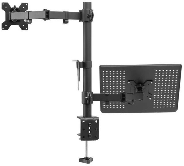 Alt view image 2 of 7 - Dual-Screen Desk Mount Mechanical Arm for Laptop + Secondary Monitor, 360° Swivel & Tilt, Space-Saving Suspended Stand