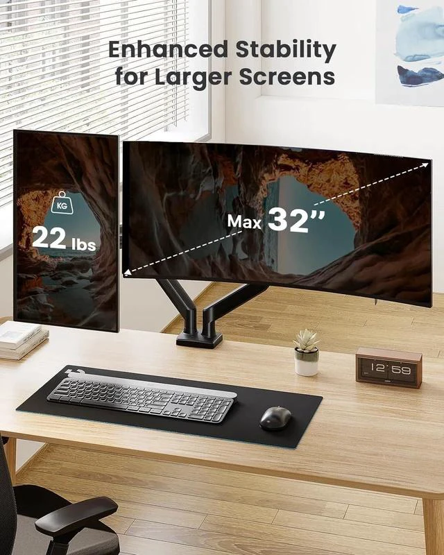 Alt view image 7 of 7 - Adjustable Dual Monitor Stand for 32-Inch Screens 360° Swivel & Tilt Ergonomic Desk Mount for Home and Office Use