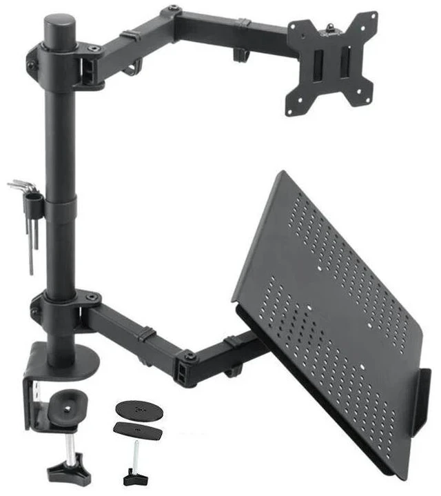 Alt view image 5 of 7 - Dual-Screen Desk Mount Mechanical Arm for Laptop + Secondary Monitor, 360° Swivel & Tilt, Space-Saving Suspended Stand