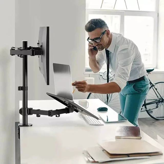 Alt view image 6 of 7 - Dual-Screen Desk Mount Mechanical Arm for Laptop + Secondary Monitor, 360° Swivel & Tilt, Space-Saving Suspended Stand