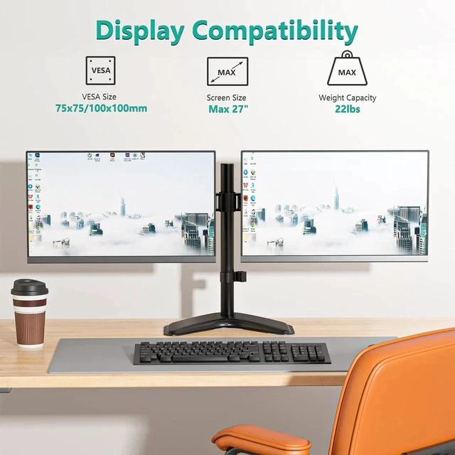 Alt view image 3 of 7 - Freestanding Dual Monitor Desk Stand for 27-Inch Screens Fully Adjustable Ergonomic Mount, 360° Rotation, Supports 2 Displays
