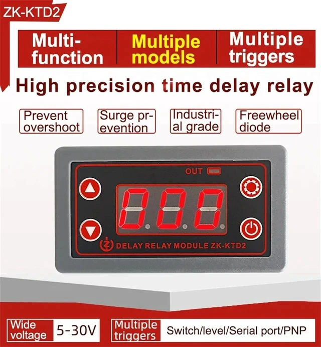 Alt view image 2 of 6 - ZK-KTD2 DC 5-30V Delay Relay Module, 5A Multi-Function Timer for Industrial Automation, Compatible with 5V 12V 24V Systems