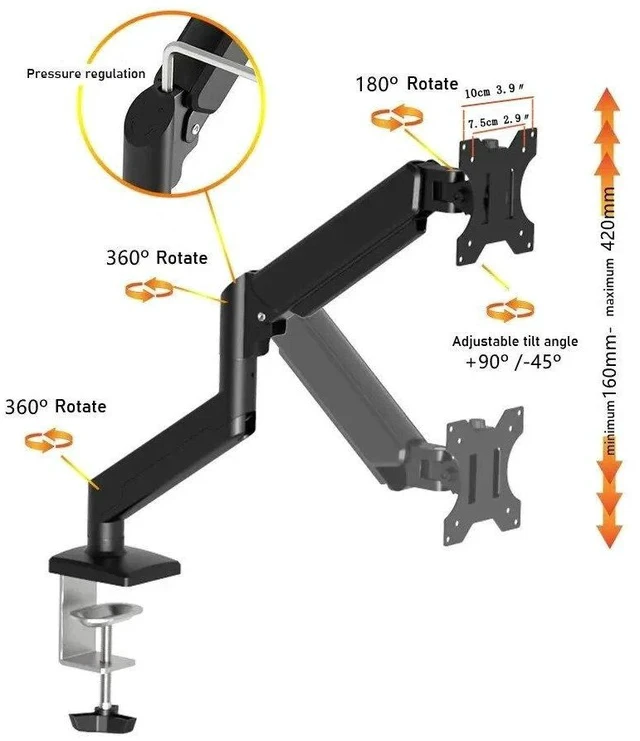 Alt view image 3 of 7 - Gas Spring Monitor Arm for 13-32" Screens 360° Full Motion Adjustment, Ergonomic Desk Mount with Free Rotation & Tilt - black