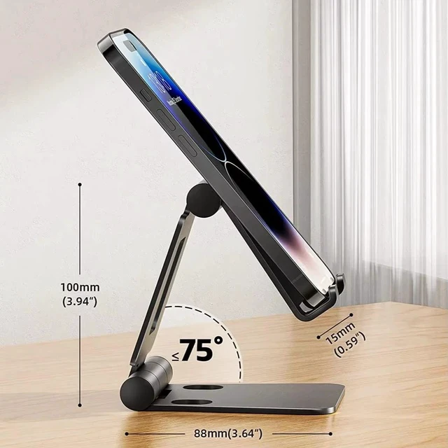 Alt view image 2 of 7 - T82 Aluminum Desktop Phone Stand, Portable Dual-Fold Adjustable Smartphone Holder for Live Streaming & Video Calls, Black