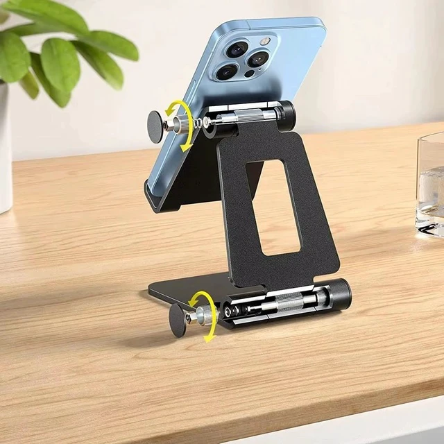 Alt view image 3 of 7 - T82 Aluminum Desktop Phone Stand, Portable Dual-Fold Adjustable Smartphone Holder for Live Streaming & Video Calls, Black