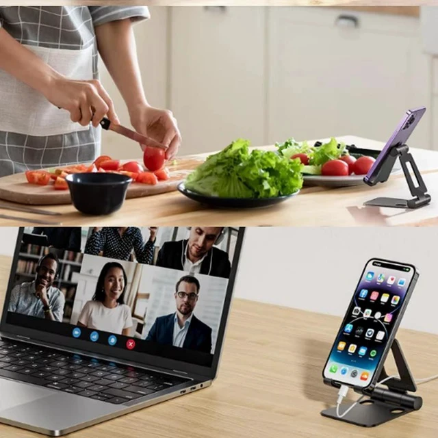 Alt view image 7 of 7 - T82 Aluminum Desktop Phone Stand, Portable Dual-Fold Adjustable Smartphone Holder for Live Streaming & Video Calls, Black