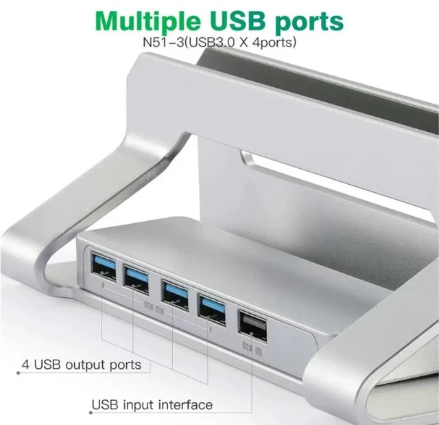Alt view image 4 of 5 - N51-3 Clip-On Vertical Laptop Stand with 4-Port USB 3.0 Hub, Adjustable Upright Notebook Holder