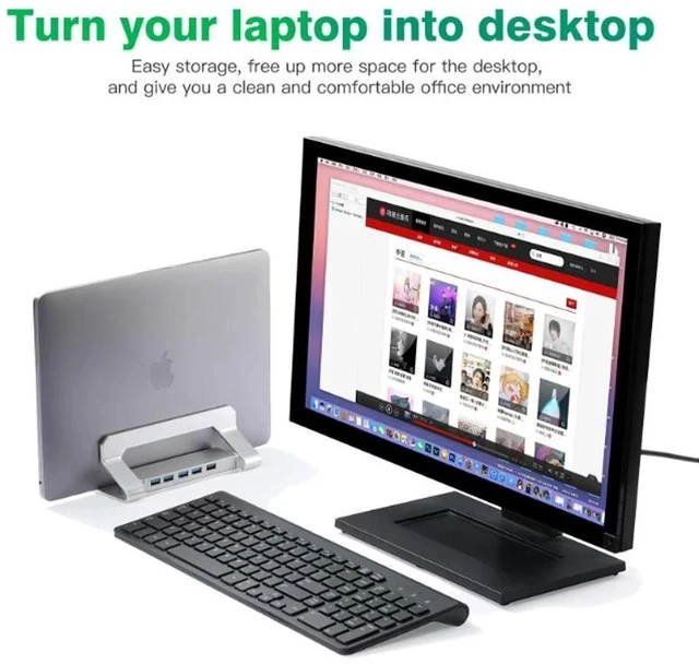 Alt view image 5 of 5 - N51-3 Clip-On Vertical Laptop Stand with 4-Port USB 3.0 Hub, Adjustable Upright Notebook Holder