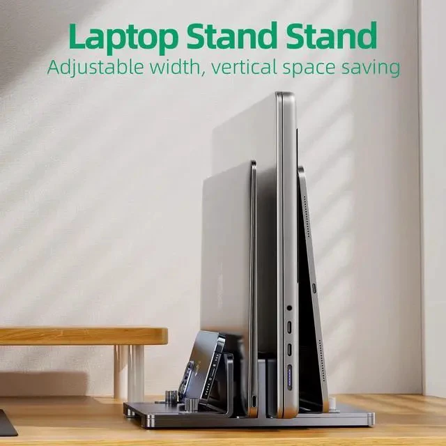 Alt view image 7 of 7 - N39-2 Aluminum Vertical Laptop Stand with Dual Clamp, Adjustable Width Upright Notebook Holder, Space-Saving Desktop Riser, Silver