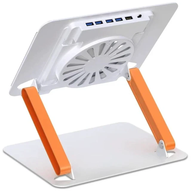Alt view image 2 of 6 - N93-4 Iron Laptop Cooling Stand with Fan & USB 3.0 Hub, Heavy-Duty Metal Notebook Cooler Stand with 4-Port USB 3.0 for 13-16 Inch Laptops, Ergonomic Riser