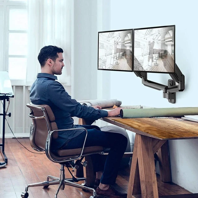 Alt view image 2 of 6 - Dual-Arm Gas Spring Monitor Wall Mount Height-Adjustable, 360° Rotation, Supports 2 Screens, Space-Saving Design