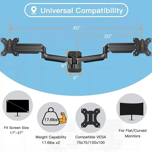 Alt view image 3 of 6 - Dual-Arm Gas Spring Monitor Wall Mount Height-Adjustable, 360° Rotation, Supports 2 Screens, Space-Saving Design