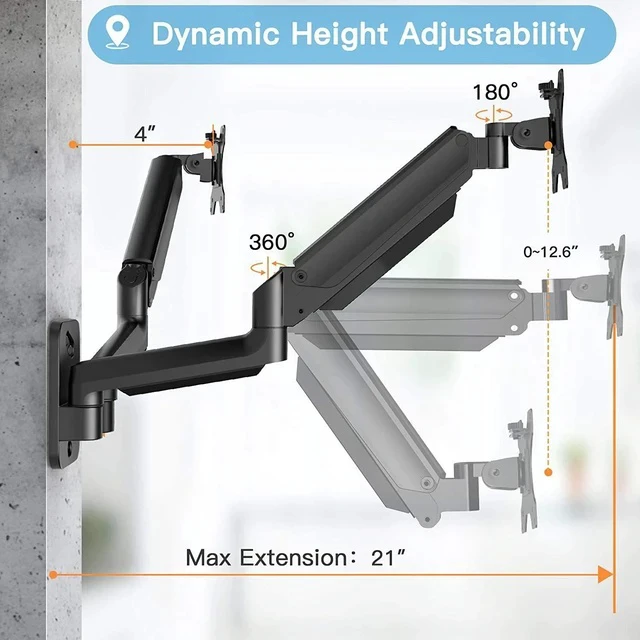 Alt view image 4 of 6 - Dual-Arm Gas Spring Monitor Wall Mount Height-Adjustable, 360° Rotation, Supports 2 Screens, Space-Saving Design