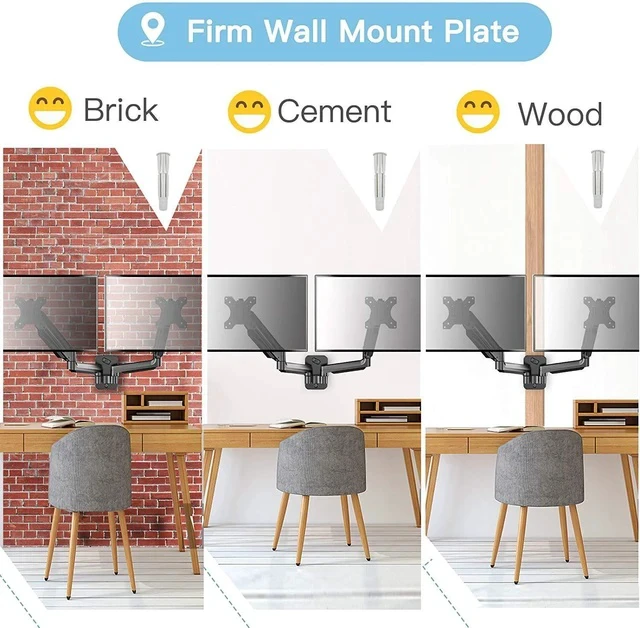 Alt view image 6 of 6 - Dual-Arm Gas Spring Monitor Wall Mount Height-Adjustable, 360° Rotation, Supports 2 Screens, Space-Saving Design