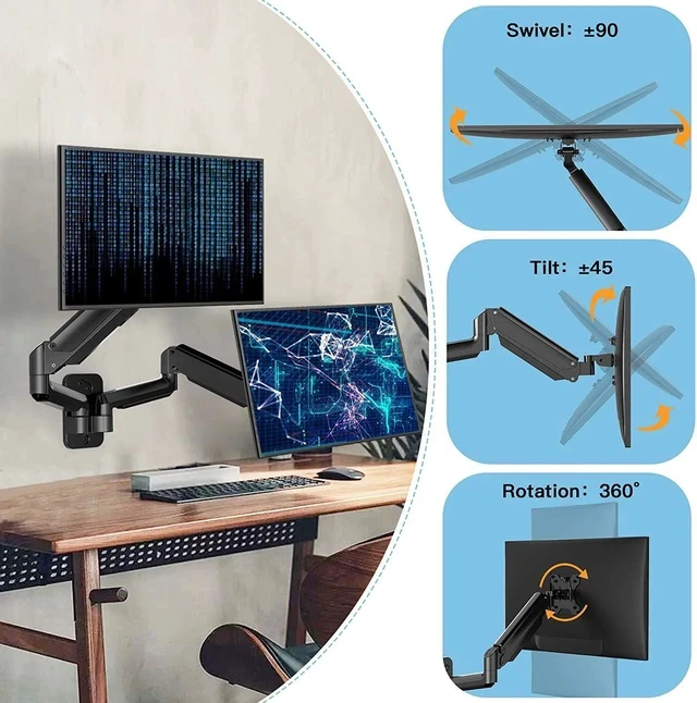 Alt view image 5 of 6 - Dual-Arm Gas Spring Monitor Wall Mount Height-Adjustable, 360° Rotation, Supports 2 Screens, Space-Saving Design