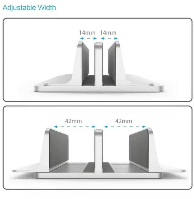 Alt view image 2 of 7 - Adjustable Width Vertical Laptop Stand with 2 Slots, Durable Aluminum Alloy Construction, Space-Saving Desktop Organizer for Laptops, Tablets & More - Silver