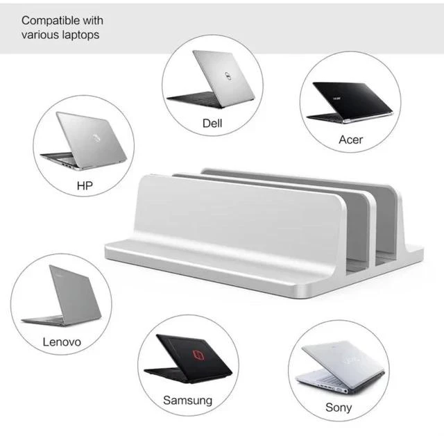 Alt view image 3 of 7 - Adjustable Width Vertical Laptop Stand with 2 Slots, Durable Aluminum Alloy Construction, Space-Saving Desktop Organizer for Laptops, Tablets & More - Silver