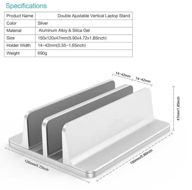 Alt view image 4 of 7 - Adjustable Width Vertical Laptop Stand with 2 Slots, Durable Aluminum Alloy Construction, Space-Saving Desktop Organizer for Laptops, Tablets & More - Silver