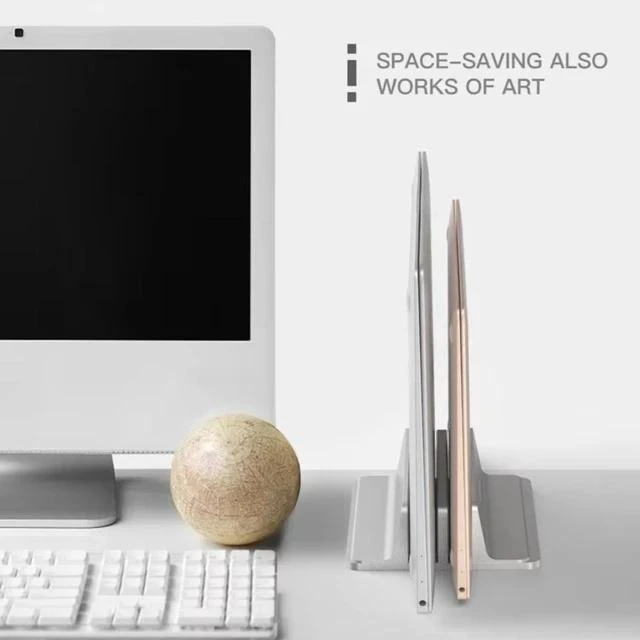 Alt view image 7 of 7 - Adjustable Width Vertical Laptop Stand with 2 Slots, Durable Aluminum Alloy Construction, Space-Saving Desktop Organizer for Laptops, Tablets & More - Silver