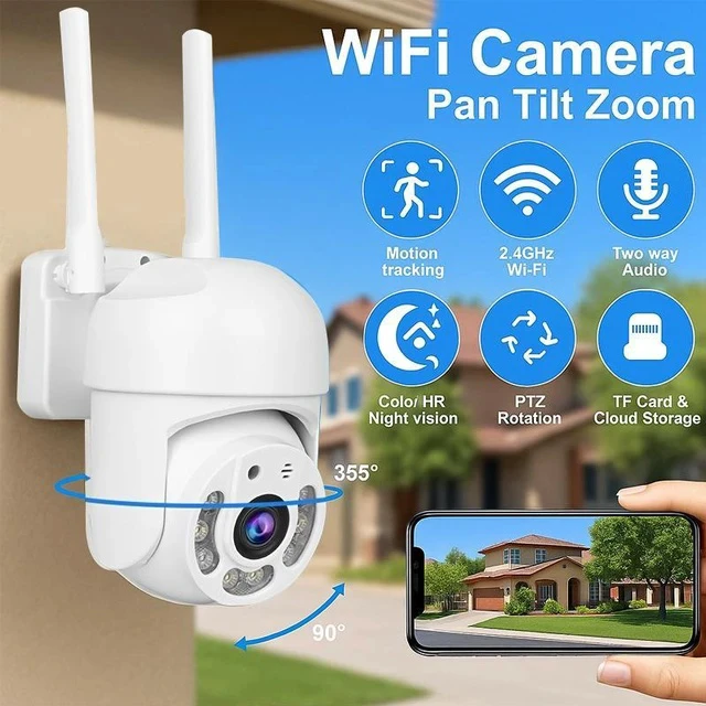 Alt view image 2 of 7 - High-Definition WiFi PTZ Security Camera Remote Control, Night Vision, Indoor/Outdoor Surveillance, Two-Way Audio, Motion Detection, App View - white