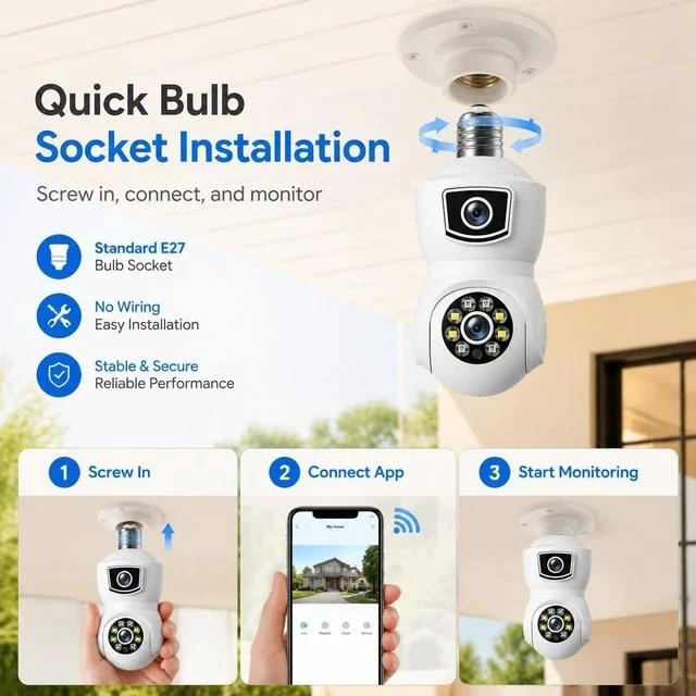 Alt view image 3 of 6 - Light Bulb Security Camera V380 Dual-Lens Full-Color WiFi Wireless HD Panoramic Dual-Lens Home Surveillance