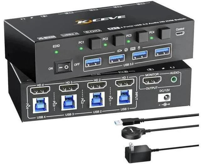 Main image of 4-Port HDMI USB 3.0 KVM Switch 4K@60Hz, Built-in EDID Emulator & Audio Jack, 4 PCs Share One Monitor, Keyboard & Mouse