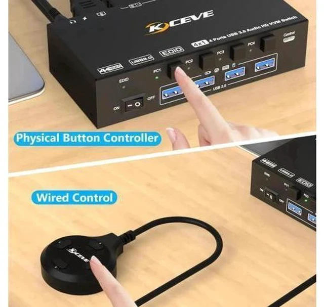 Alt view image 3 of 7 - 4-Port HDMI USB 3.0 KVM Switch 4K@60Hz, Built-in EDID Emulator & Audio Jack, 4 PCs Share One Monitor, Keyboard & Mouse