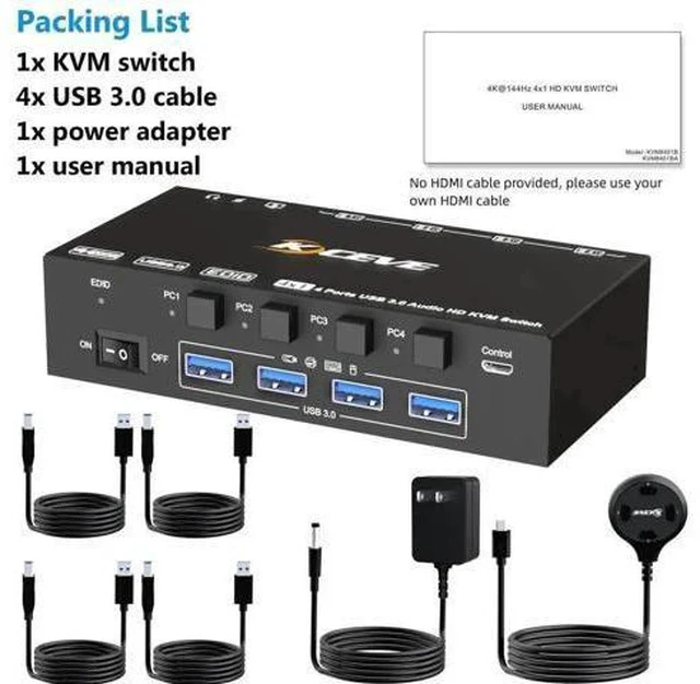 Alt view image 7 of 7 - 4-Port HDMI USB 3.0 KVM Switch 4K@60Hz, Built-in EDID Emulator & Audio Jack, 4 PCs Share One Monitor, Keyboard & Mouse