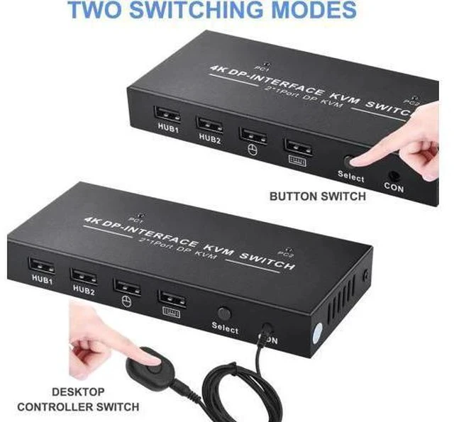Alt view image 4 of 6 - 2 Port 2 In 1 Out DP 1.2 KVM Switch 4K@60Hz, USB Sharing for Keyboard & Mouse, Single DisplayPort Monitor Control for 2 PCs