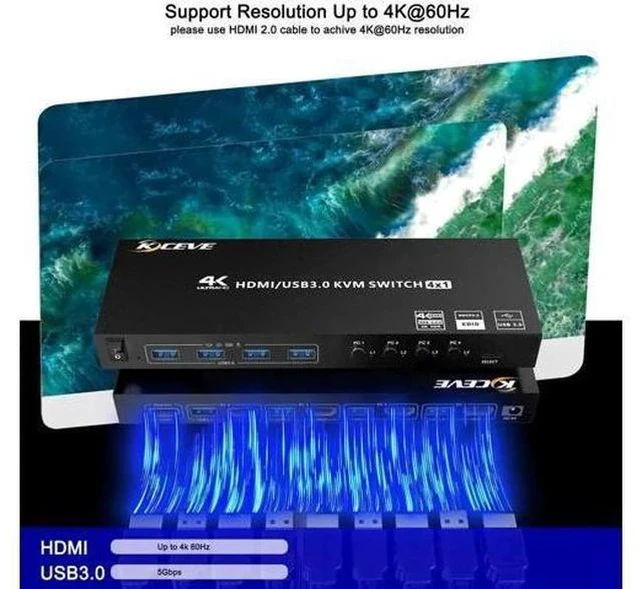 Alt view image 6 of 7 - 4-Port HDMI USB 3.0 KVM Switch with EDID Emulator, 4K@60Hz, 4 PCs Share Monitor, Keyboard & Mouse