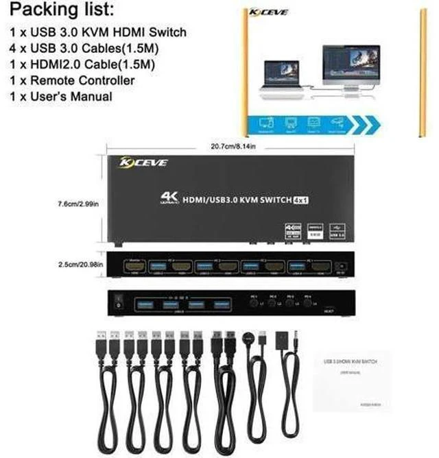 Alt view image 7 of 7 - 4-Port HDMI USB 3.0 KVM Switch with EDID Emulator, 4K@60Hz, 4 PCs Share Monitor, Keyboard & Mouse