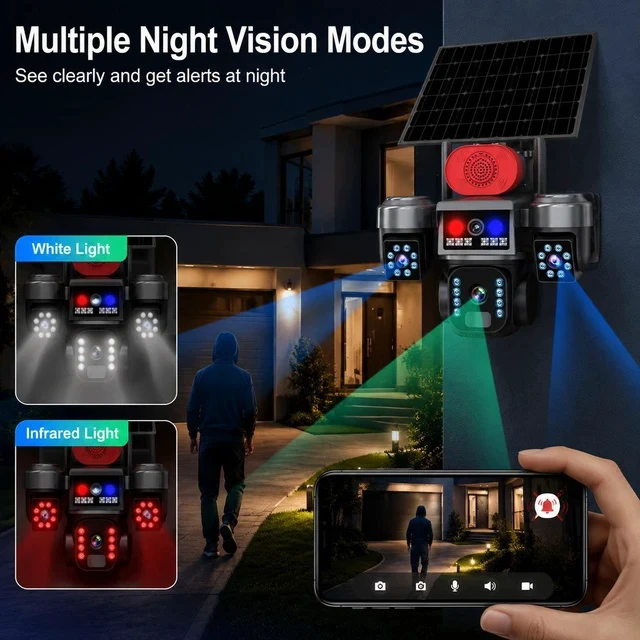 Alt view image 4 of 7 - V380 Pro Solar 3-Lens Security Camera Outdoor 6MP Triple-Screen WiFi, Full-Color Night Vision, Red & Blue Light Alarm, Low-Power PTZ, IP66