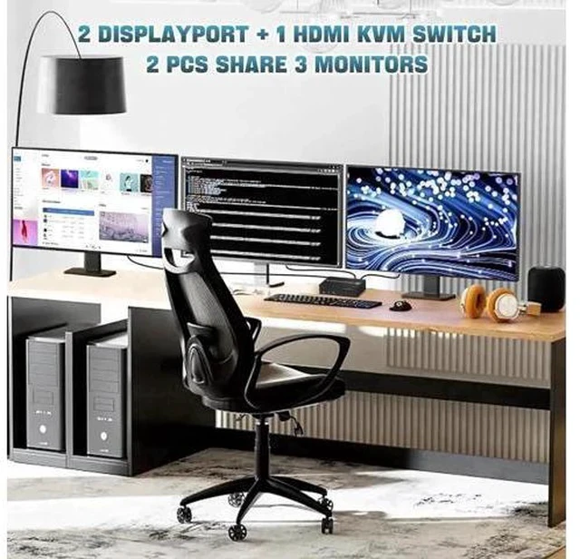 Alt view image 7 of 7 - 2 PCs Triple Monitor KVM Switch (1 HDMI + 2 DisplayPort) USB 3.0, 4K@60Hz, Built-in Audio & 3 USB3.0 Ports for Sharing 3 Monitors, Keyboard & Mouse