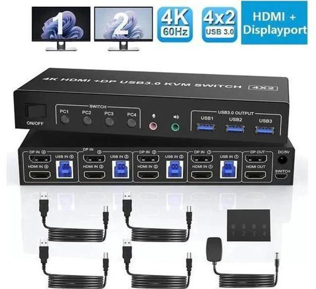 Main image of 4 Port Dual Monitor DP+HDMI Hybrid KVM Switch 4K@60Hz USB 3.0, Audio & Mic Jack, 3 USB 3.0 Ports for 4 PCs Share 2 Displays