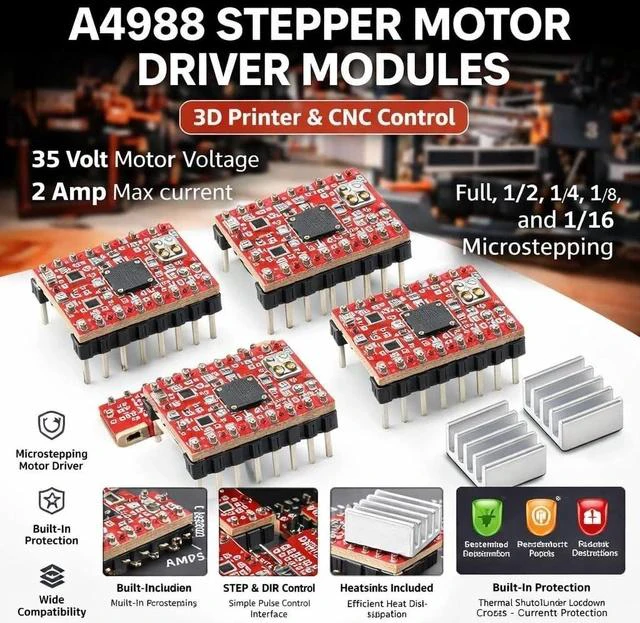 Alt view image 5 of 5 - 5pcs A4988 Stepper Motor Driver Module, 35 V 2 A, 1/16 Microstepping, with Heatsink