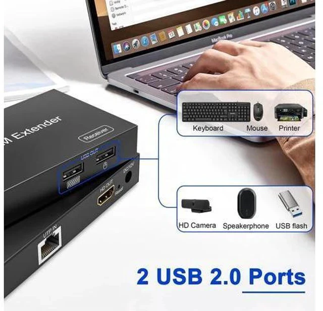 Alt view image 6 of 7 - HDMI KVM Extender Over TCP/IP Cat5e/Cat6/Cat6a/Cat7 Up to 60M/200FT, 1080P@60Hz, 2 USB2.0 Ports, Zero Latency, Cross-Platform Plug & Play