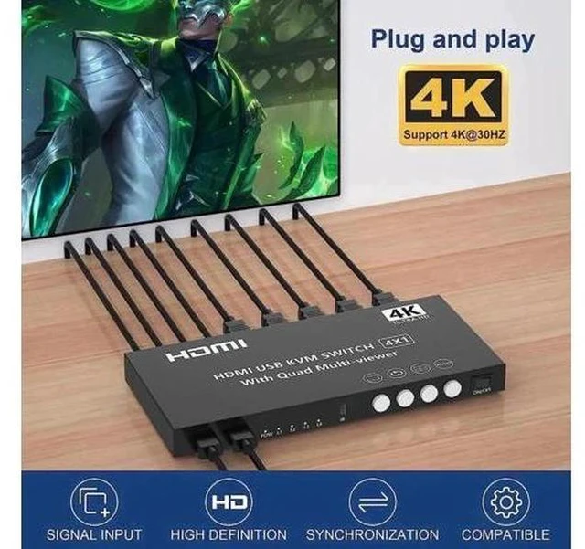 Alt view image 2 of 6 - 4 Port 4×1 Single Monitor HDMI KVM Switch 4K@30Hz, Quad Seamless Multi-Viewer, Support Hotkey, Button & IR Remote Control for 4 PCs