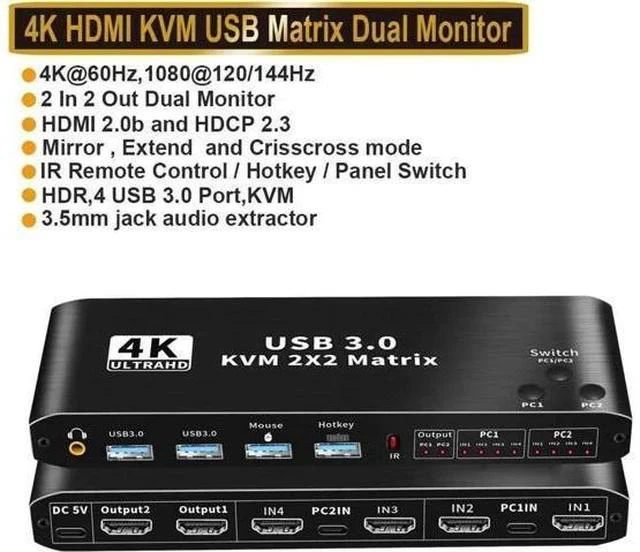 Main image of 2 In 2 Out HDMI Matrix KVM Switch 4K@60Hz, USB 3.0 Dual Monitor KVM Switcher for 2 Computers Share 2 Monitors Keyboard Mouse Printer, Compatible with Mac Windows
