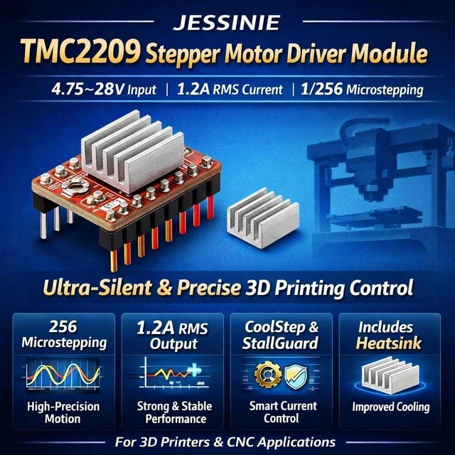 Alt view image 3 of 6 - TMC2209 Stepper Motor Driver Module, 4.7528 V, 1.2 A RMS, 1/256 Microstepping, with Heatsink
