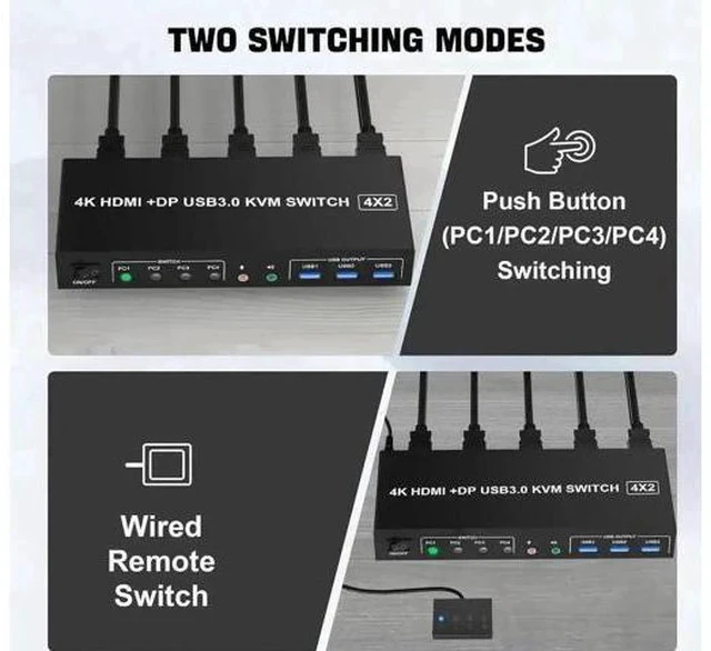 Alt view image 5 of 7 - 4-Port Hybrid DP+HDMI Dual Monitor USB3.0 KVM Switch 4K@60Hz, 4 PCs Share 2 Displays, Built-in Audio, Mic & 3 USB3.0 Ports