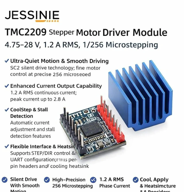 Alt view image 5 of 6 - TMC2209 Stepper Motor Driver Module, 4.7528 V, 1.2 A RMS, 1/256 Microstepping, with Heatsink