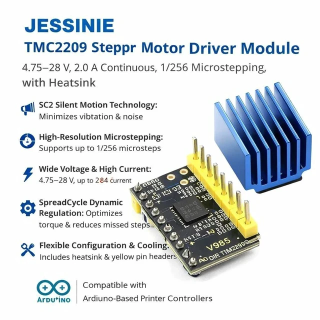 Alt view image 2 of 6 - TMC2209 Stepper Motor Driver Module, 4.7528 V, 2.0 A Continuous, 1/256 Microstepping, with Heatsink