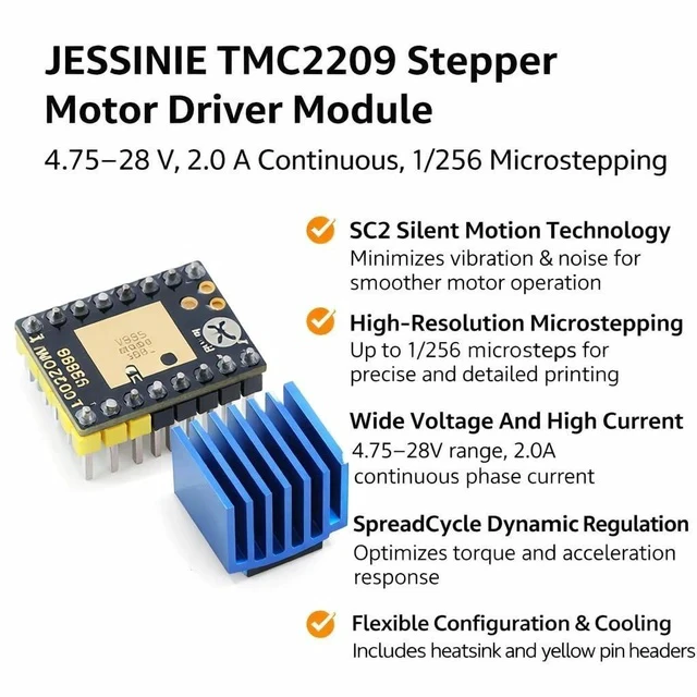Alt view image 4 of 6 - TMC2209 Stepper Motor Driver Module, 4.7528 V, 2.0 A Continuous, 1/256 Microstepping, with Heatsink