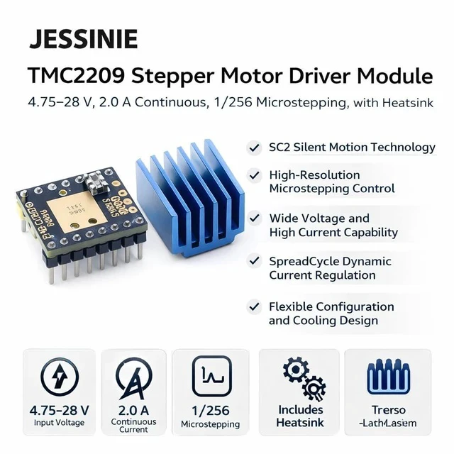 Alt view image 5 of 6 - TMC2209 Stepper Motor Driver Module, 4.7528 V, 2.0 A Continuous, 1/256 Microstepping, with Heatsink